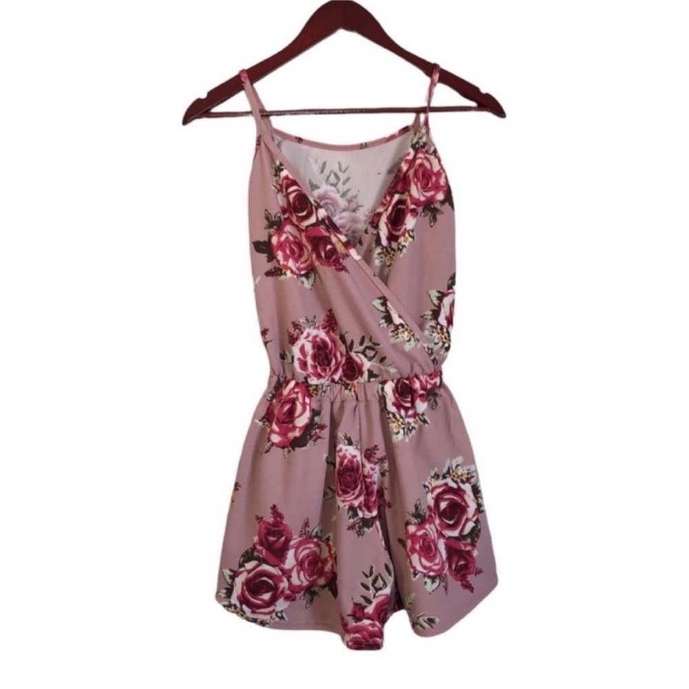 Pink Floral Short Sleeve Romper Jumpsuit